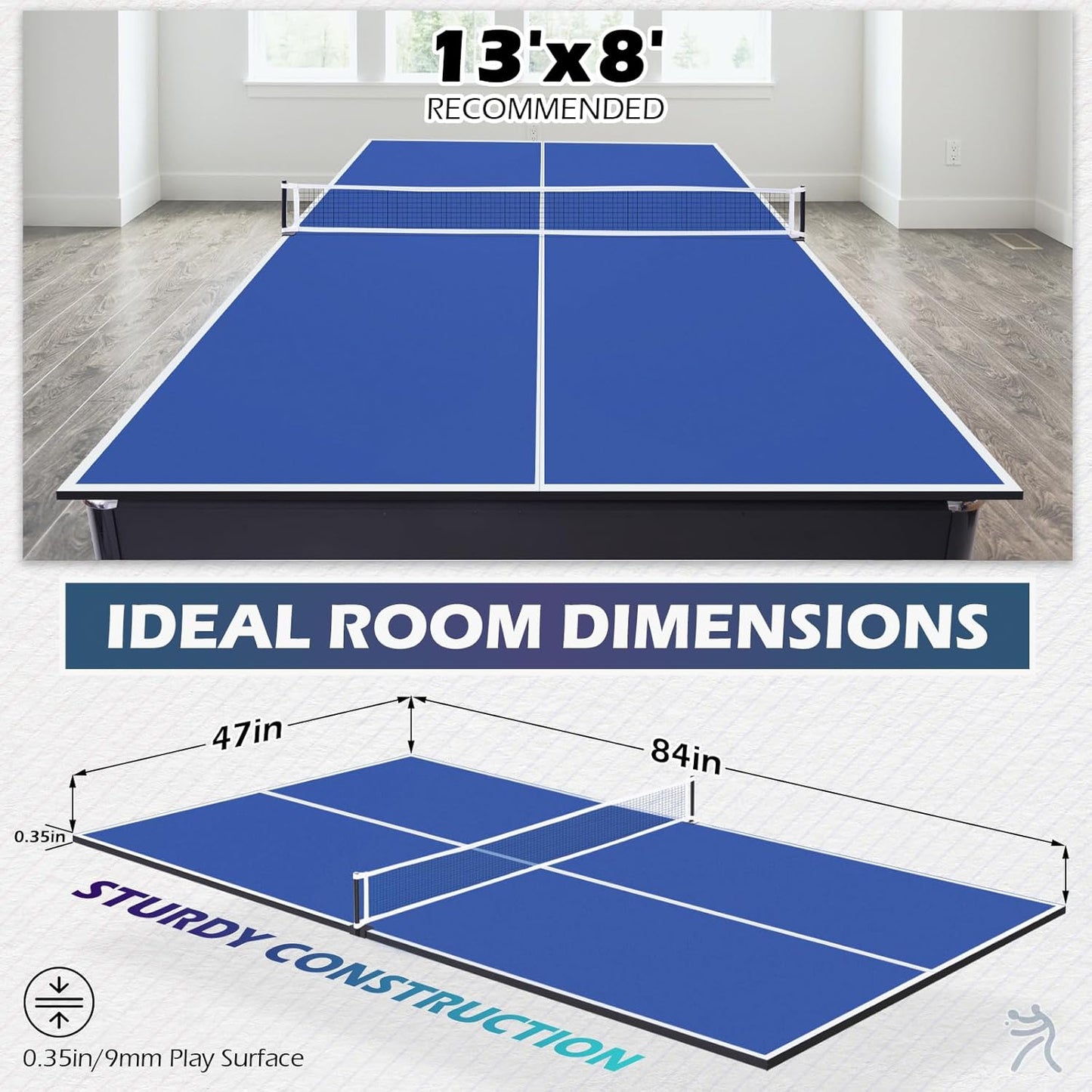 7FT Ping Pong Table Top with Net Set for Pool Table, Foldable Ping Pong Table Topper, Portable Table Tennis Conversion Top Includes Foam Padding for Protection, Easy Conversion