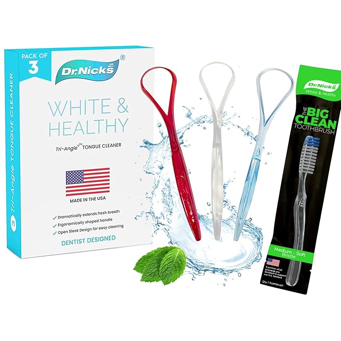 Dr. Nick's White and Healthy Tongue Scraper (3 pack) and The Big Clean Large Toothbrush Medium Soft, Dentist Designed for Fresh Breath, Easy to Use Plastic Tongue Cleaner and Toothbrush for Adults
