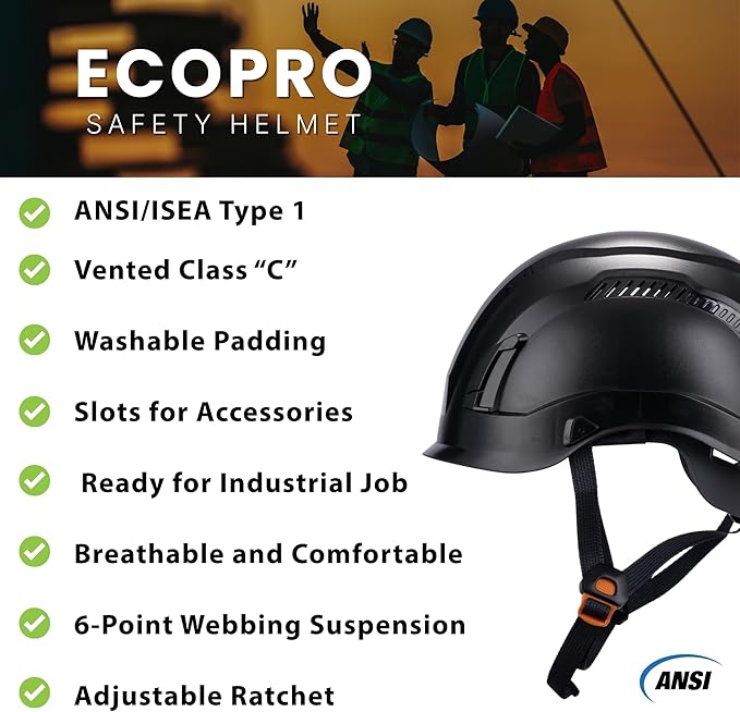 Land Helmets EcoPro Safety Helmet - ANSI/ISEA Z89.1-201 Type 1 Class C Vented - OSHA Approved - Lightweight Helmet with 6 Pt Suspension for Arborist, Industrial & Fall Protection