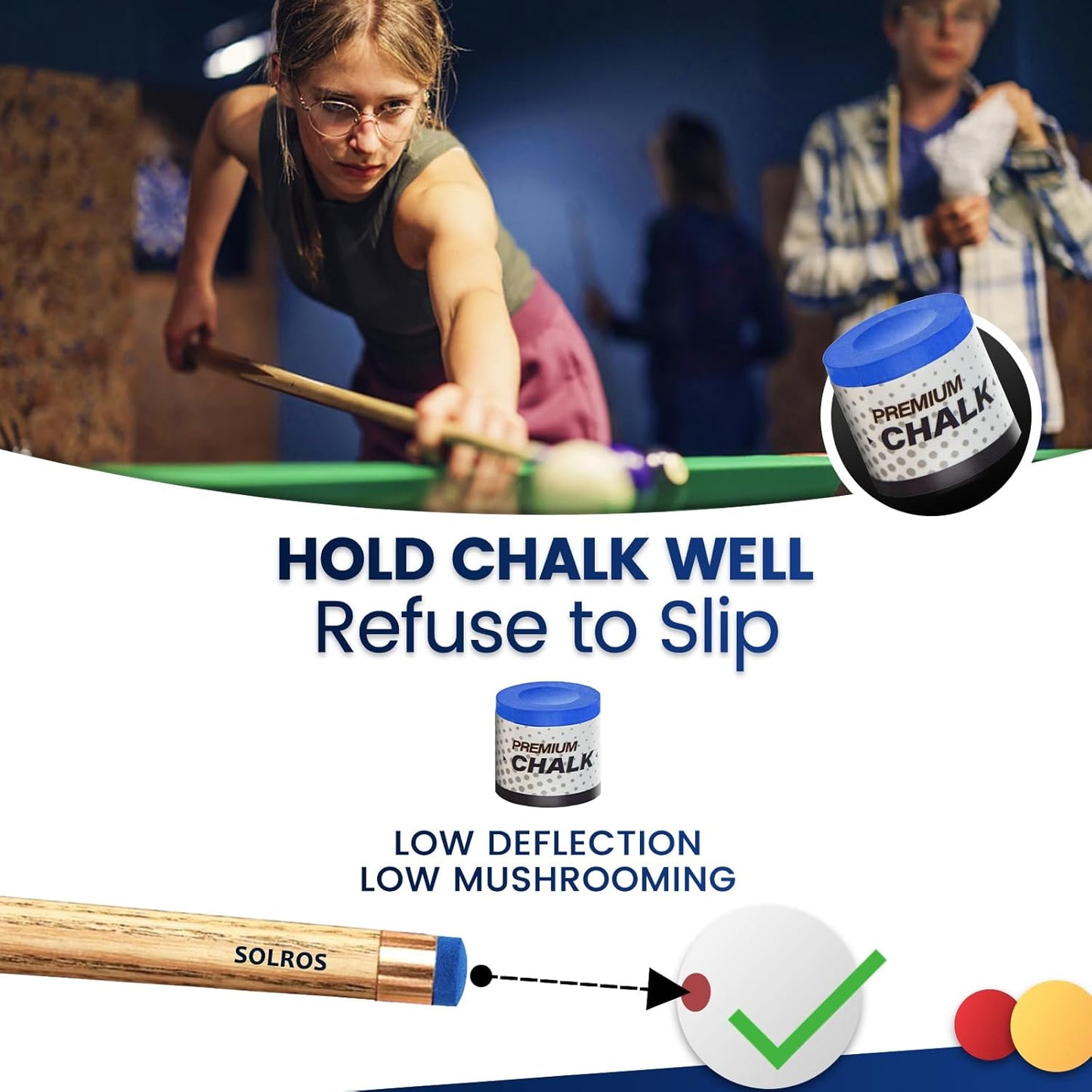 3 Pcs Pool Chalk Billiards Cue Stick Premium Chalk Pure Cube Round Chalk Table Accessories High Performance Low Deflection for Professional Tournament Snooker Blue - SOLROS