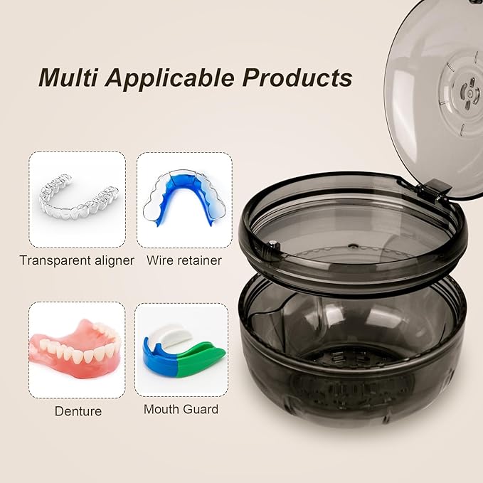 Retainer Cleaner Case,Double Layer No-Leak Denture Cup for Soaking Dentures, Denture Bath for Invisalign Aligner,Retainers,Mouth Guard,Night Guard (Black)