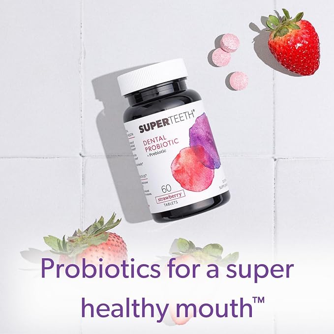 SuperTeeth Chewable Dental Probiotic for Kids & Adults | Supports Healthy Teeth & Gums | Oral Health | Fights Bad Breath | BLIS M18 | 60 Strawberry Flavored Tablets | Fluoride & Sugar Free | Vegan
