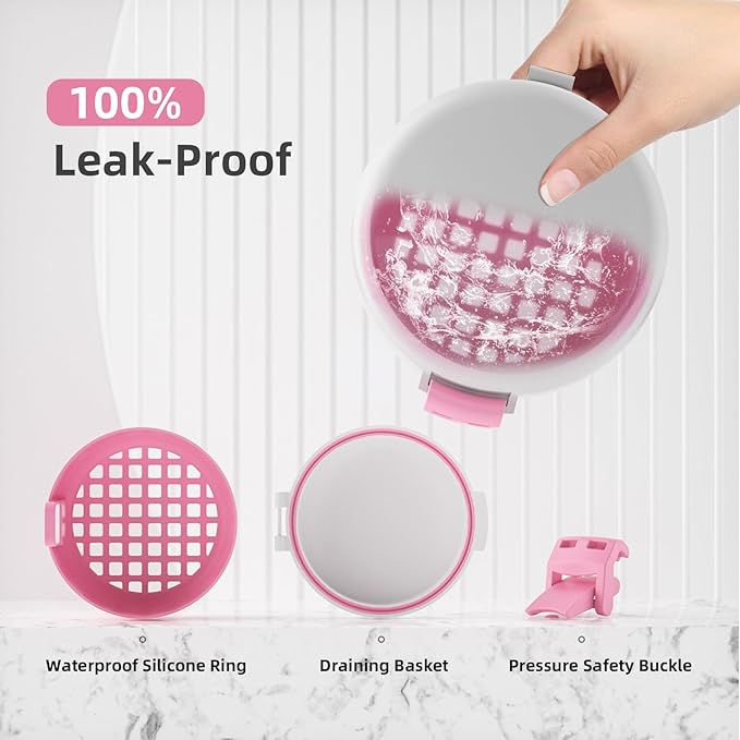 BVN Leak-Proof Denture Bath Cup for Travel, Denture Cup for Soak Dentures, Retainer Cleaning Case with Strainer (White + Pink)