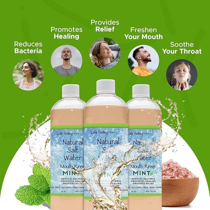 3 Pack Natural Saltwater Mouth Rinse | Himalayan Pink Salt Water Oral Rinse | Organic Refreshing Mint Flavor Fluoride & Alcohol Free Mouthwash for Fresh Breath | Natural Gum Care Mouthwash-16 FL Oz