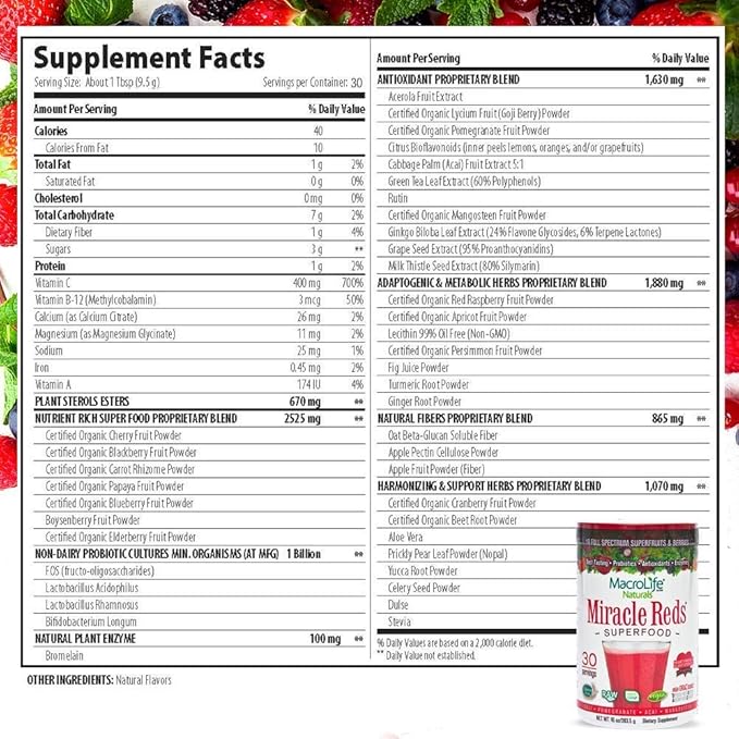 MacroLife Naturals Miracle Reds Superfood Supplement Powder Antioxidants Polyphenols Enzymes Probiotics - Raw Non-GMO Organic Vegan Gluten & Dairy Free (30 Servings)