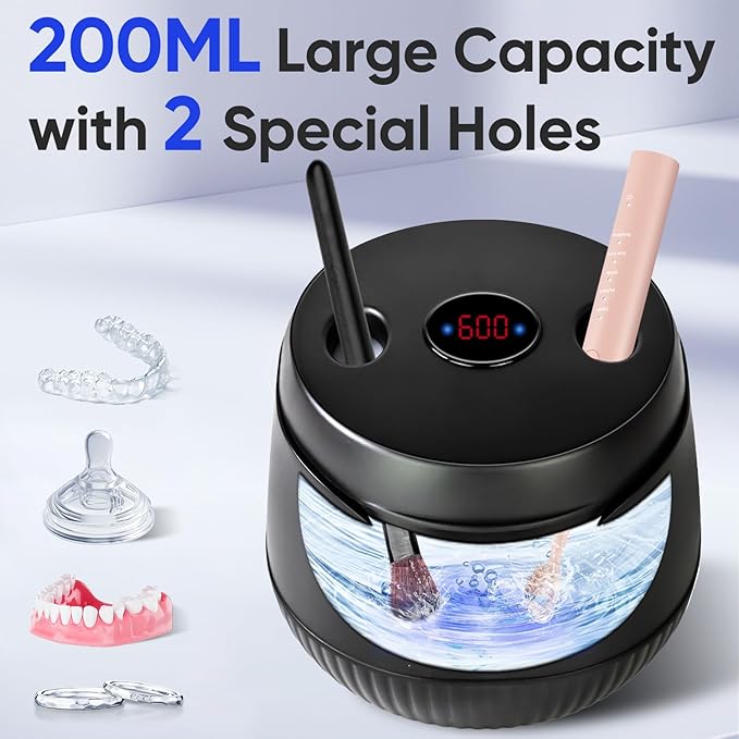 MySmile Ultrasonic Retainer Cleaner- 45kHz Denture Cleaner Machine with 200ML Capacity for Aligner, Mouth Guard, Braces, Portable Dental Cleaning Pod with 2 Mode Digital Timer for Home, Travel (BLACK)