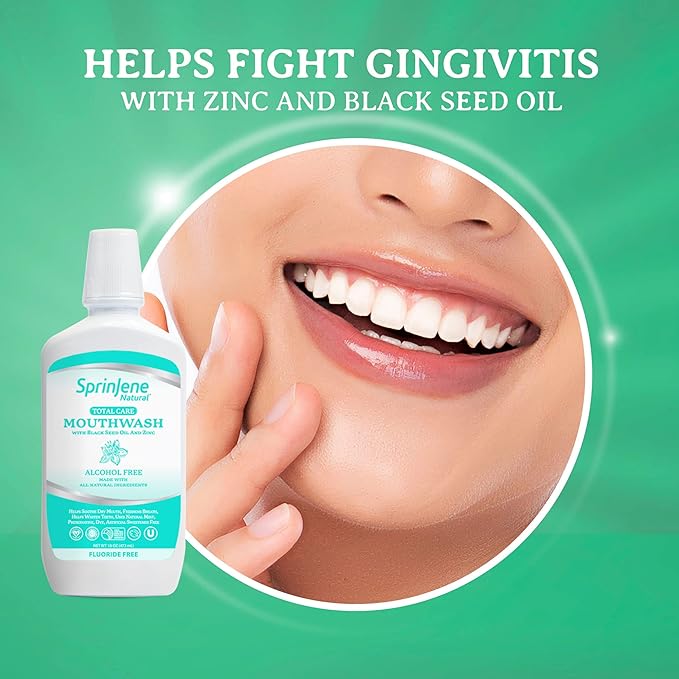 SprinJene Alcohol Free Mouthwash with Xylitol – Fluoride Free Natural Mouthwash for Dry Mouth, Whitening & Fresh Breath – Patented Black Seed Oil & Zinc Formula – Vegan & Made in The USA (1 Pack)