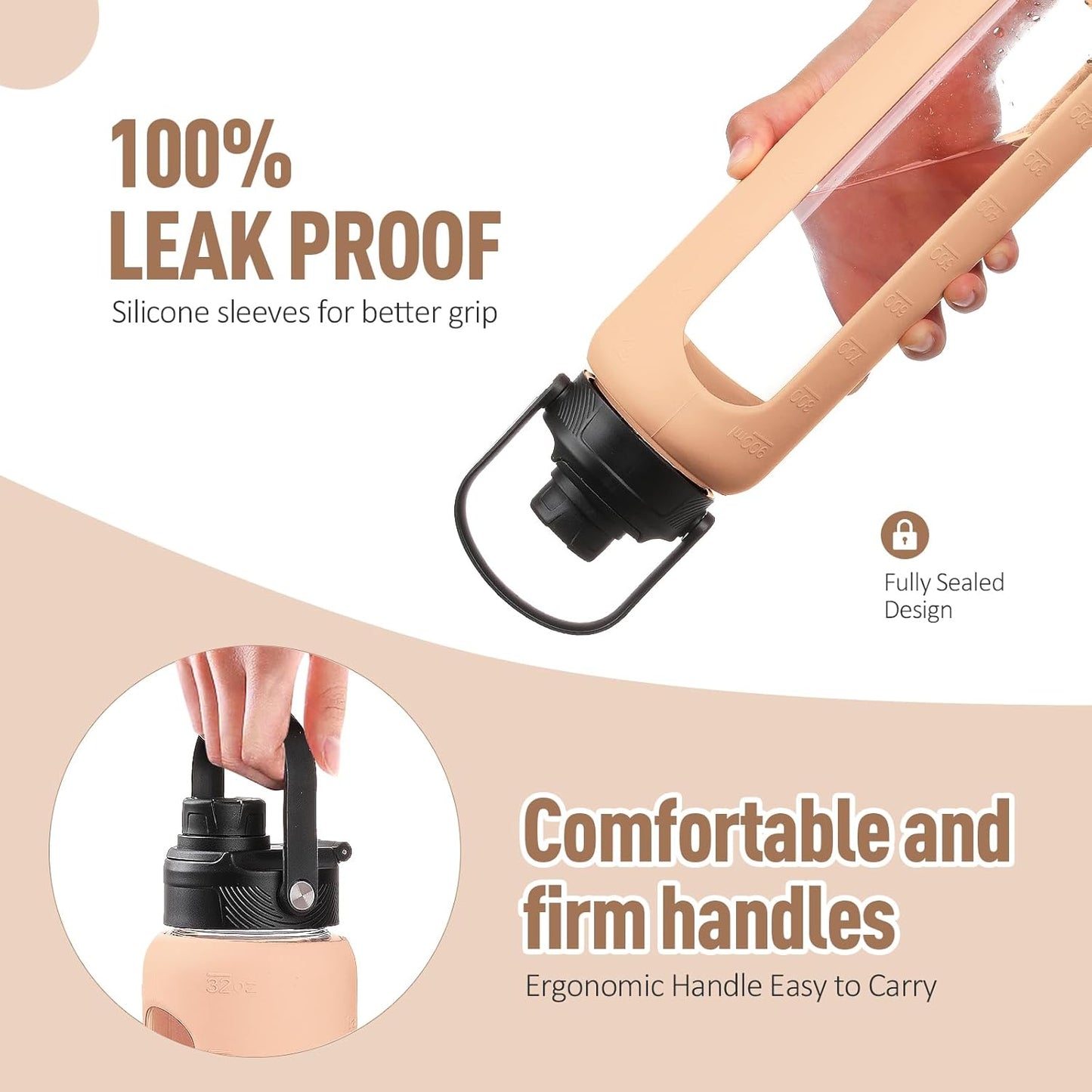 Kodrine Water Bottle with Straw, 24 oz Glass water Bottle with 2 Lids Bamboo Straw Lid and Spout Lid with Handle, 32 oz Clear Water Bottle Glass for Sports Travel, Waterbottle with Time Marker