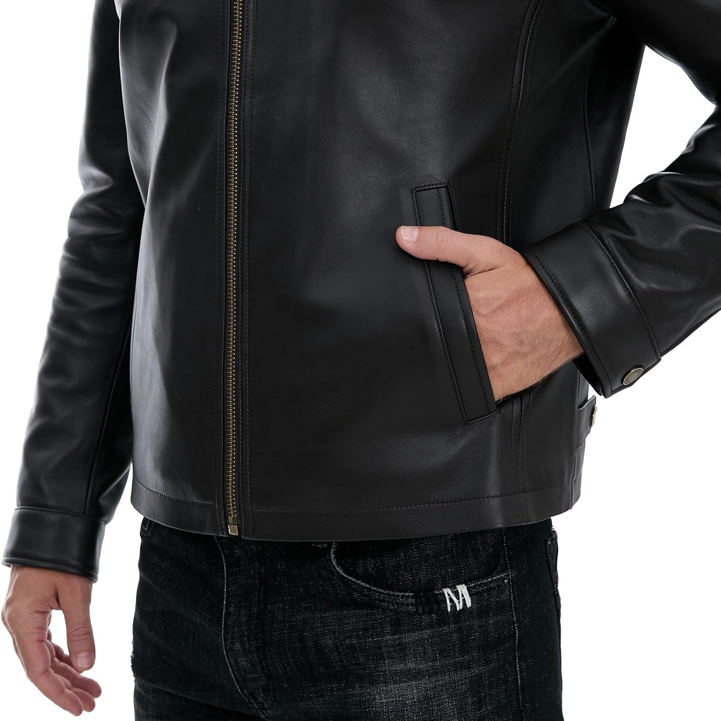 Leather Jacket Men,Lambskin Jacket with Full Zip Front,Casual Style,Tailored Design,Metal Snap Cuffs