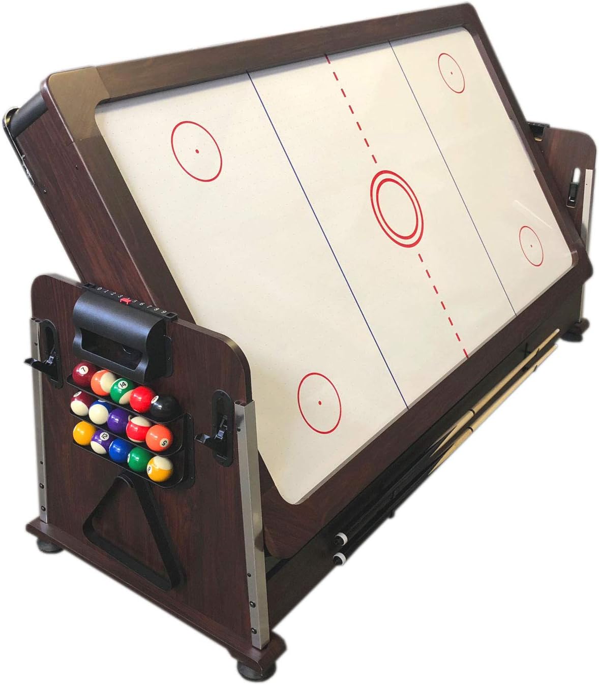 7ft Pool Table Air Hockey 3 in 1 Pool Table Red Felt with Storage Benches - Crown