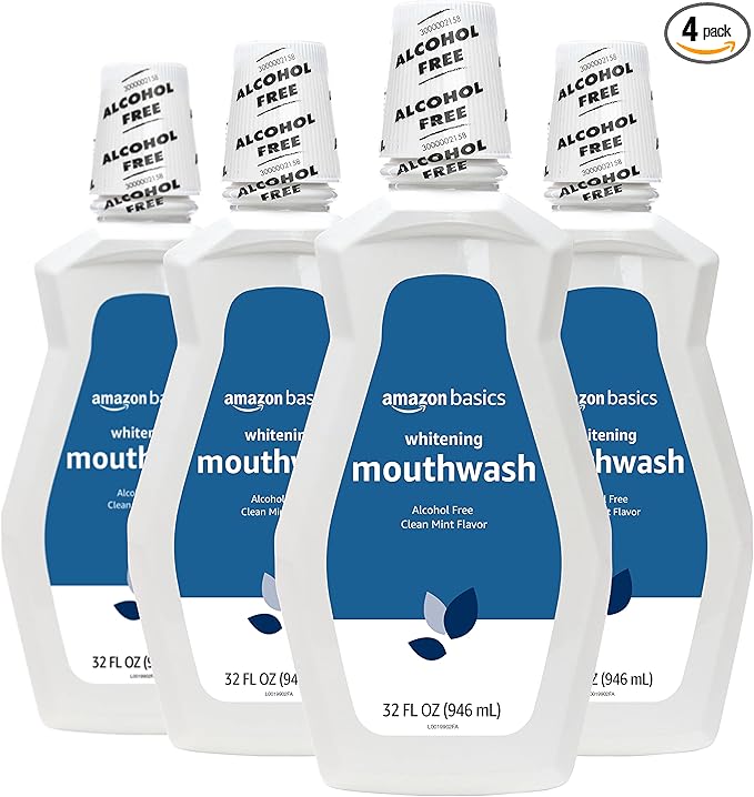 Amazon Basics Teeth Whitening Mouthwash, Alcohol-Free, Clean Mint, 32 Fluid Ounces, 4-Pack, Previously Solimo