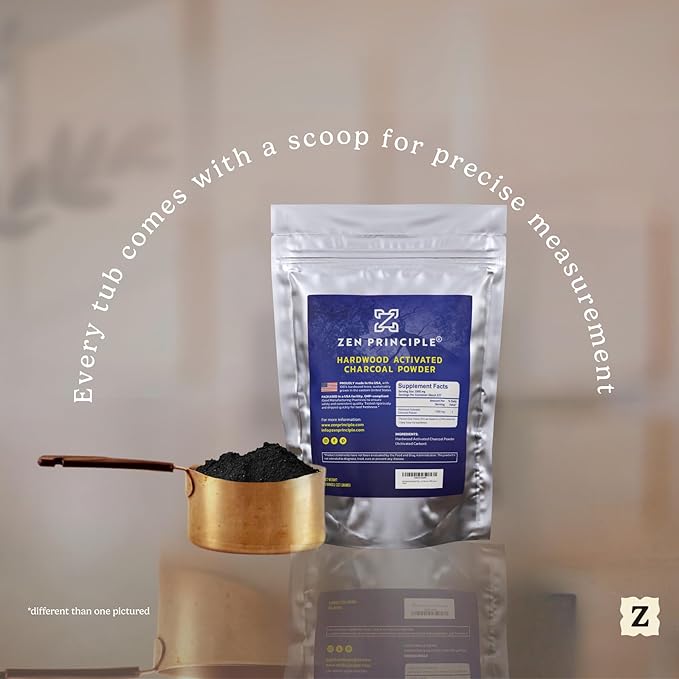 Zen Principle Hardwood Activated Charcoal Powder 100 Percent from USA Trees. All Natural. Whitens Teeth, Rejuvenates Skin and Hair, Supports Better Digestion, 8 oz.