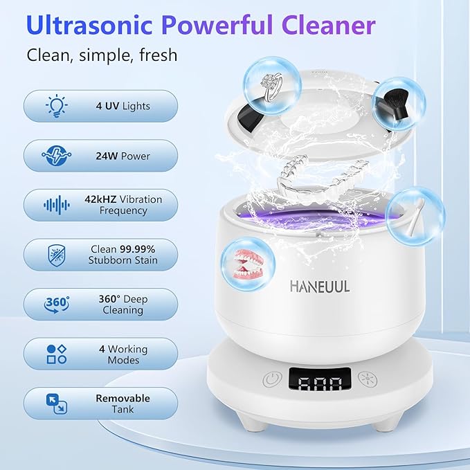 2025 Ultrasonic Retainer Cleaner for Dentures & Aligner, Durable Removable Base and Top Cover, Denture Cleaner Machine with 4 Modes for Mouth Guards, Jewelry, Rings, etc (White)
