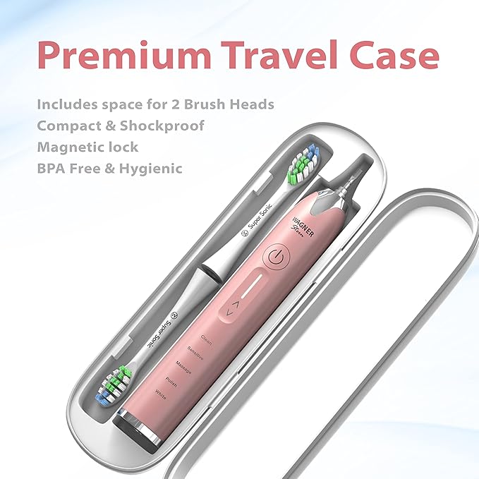 Wagner Stern Ultrasonic whitening Toothbrush with Pressure Sensor. 5 Brushing Modes and 4 Levels of Intensity, 8 Soft bristles, Travel case.