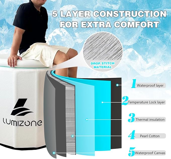 Lumizone Inflatable Cold Plunge Tub 118 Gallons Capacity Ice Bath Portable Ice Bath Tub Compatible With Water Chillers with Lid Drop Stitch PVC Double Layer Seals Oversized for Athletes