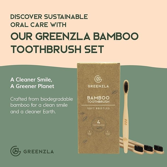 Greenzla Bamboo Toothbrushes, Wooden Toothbrush Set with Soft Bristles, Includes Travel Case and Charcoal Dental Floss, 4 Pack