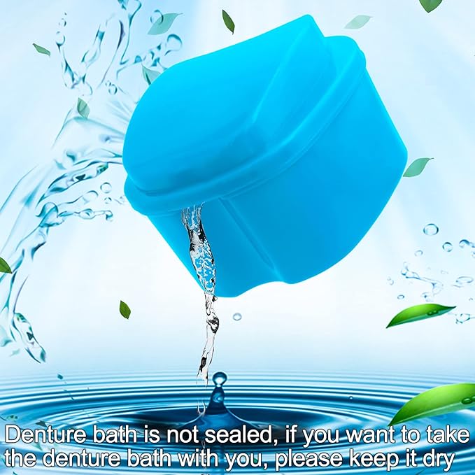 Keedolla 2 Pack Cute Denture Cups Denture Bath Container for Soaking False Teeth, Denture Storage Container Soaking Bath Case with 2 Brush - Blue and White