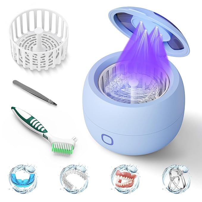 Upgraded Ultrasonic Retainer Cleaner, 45kHz Retainer Cleaner Machine for Denture Cleaner, Retainer Cleaner, Mouth Guard Cleaner, Night Guard Cleaner, Denture Cleaner with 200ML Dental Cleaning Pod1