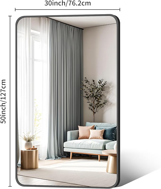 30 x 50 Inch Bathroom Mirror, Matte Black Wall Mirror with Metal Frame, Decorative Rectangular Vanity Mirror for Bedroom Bathroom Living Room Entryway (Horizontal/Vertical)