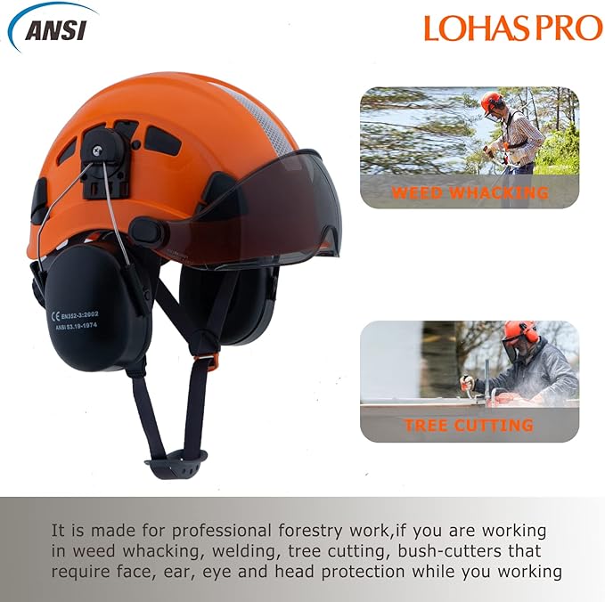 LOHASPRO Arborist Forestry Helmet Safety Hard Hat with Visor and Ear Muffs for Tree Service Logging Cutting Wood Chainsaw Helmet Garden Work Mowing(P91 Orange+Smoked Visor+Earmuff)