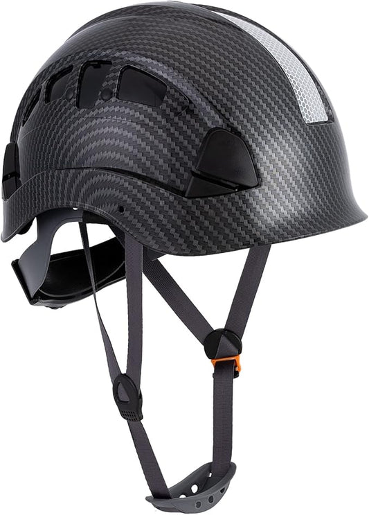 LOHASPRO Hard Hats Construction Safety Helmet ANSI Z89.1 Approved OSHA Hardhat, Vented Carbon Fiber Black Hard Hat with Chin Strap Tree Rescue Arborist Helmet(Black Graphite Pattern)