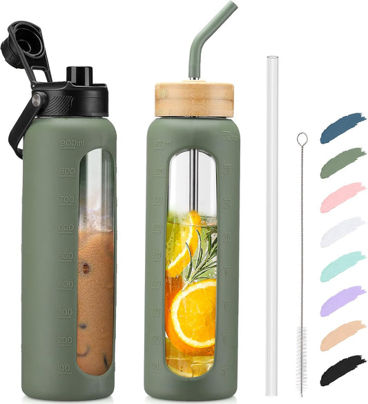 Kodrine Water Bottle with Straw, 24 oz Glass water Bottle with 2 Lids Bamboo Straw Lid and Spout Lid with Handle, 32 oz Clear Water Bottle Glass for Sports Travel, Waterbottle with Time Marker