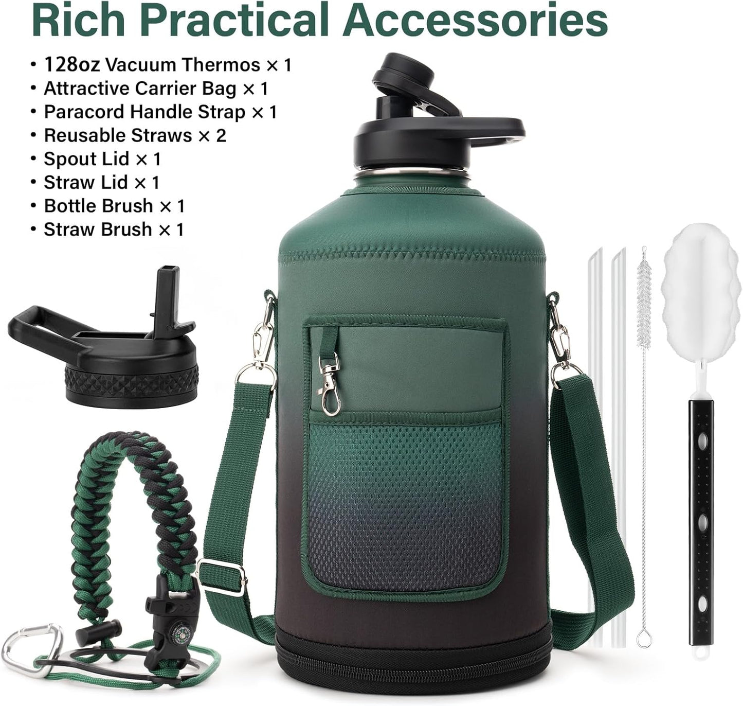 1 Gallon Water Bottle Insulated | Thickened Stainless Steel Vacuum Metal Water Jug | Portable Sports Large for Gym and Hiking with Straw, Carrier Bag, Handle Strap | BPA-Free 128 oz