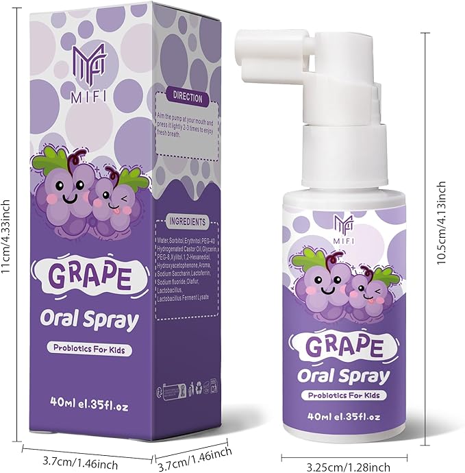 Kids Oral Spray - Probiotic Fruit Flavored Toothpaste Helper for Toddlers, Daily Fresh Breath, Gentle Oral Care Spray for Children (2Pack, Grape)