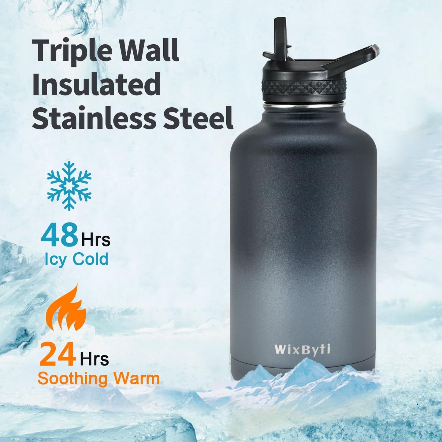 64 oz Insulated Water Bottle with Straw (Cold for 48 Hrs), Half Gallon Stainless Steel Triple Wall Vacuum Sports Water Jug, Leakproof Hydro Cup Flask with Straw Spout Lids & DIY Stickers