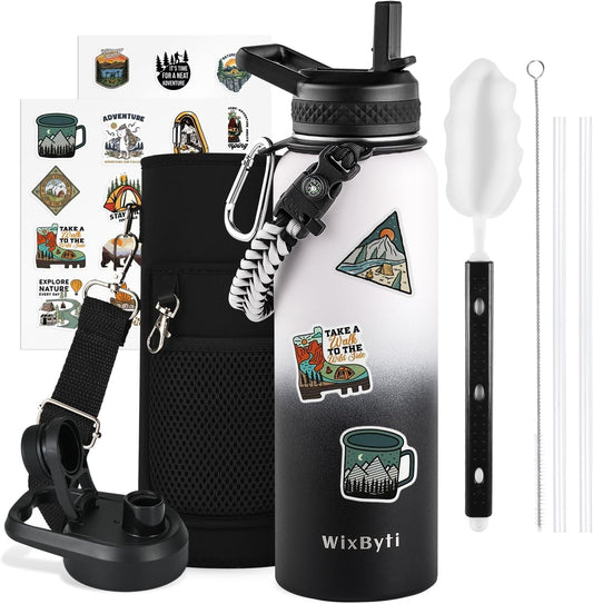 40 oz Insulated Water Bottle with Straw (Cold for 48 Hrs), Stainless Steel Triple Wall Vacuum Sports Water Jug, Leakproof Hydro Cup Flask with Paracord Handle & Straw Spout Lids & DIY Stickers
