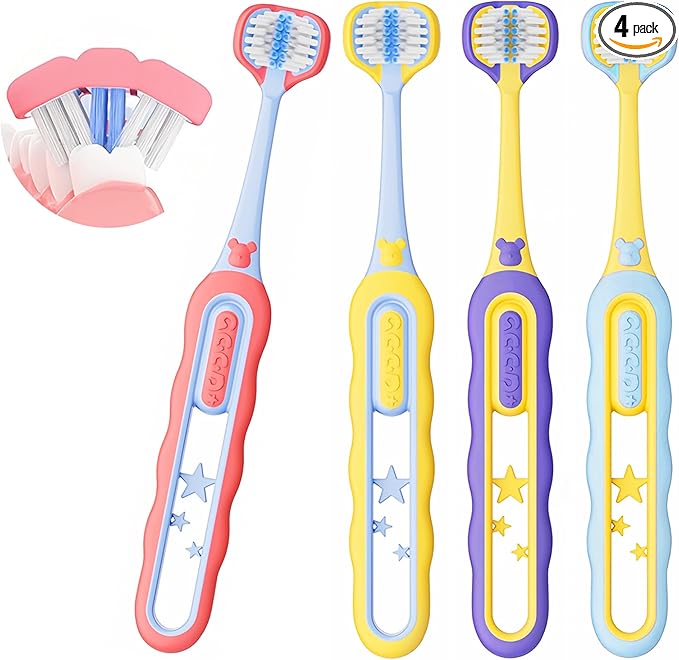 Toddler Toothbrush 4 Pack, Soft Baby Toothbrush Efficient 3 Sided Kids Tooth Brush for Ages 1-12 Years, Infant Training Tooth Brush Complete Tooth and Gum Care, Easy to Grip(Patent)