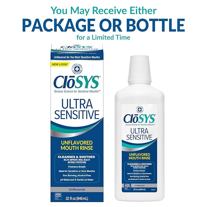 CloSYS Ultra Sensitive Mouthwash, Unflavored Alcohol Free, Dye Free, pH Balanced, Helps Soothe Entire Mouth – 32 Oz
