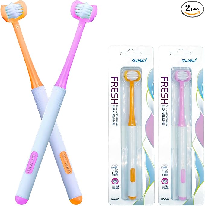 3 Sided Autism Toothbrush 360° Oral Teeth Cleaning Design U-Shaped Toothbrush 2 PCS Adult Soft Bristles Soft and Gentle for Complete Tooth and Gum Care (Orange+Pink)