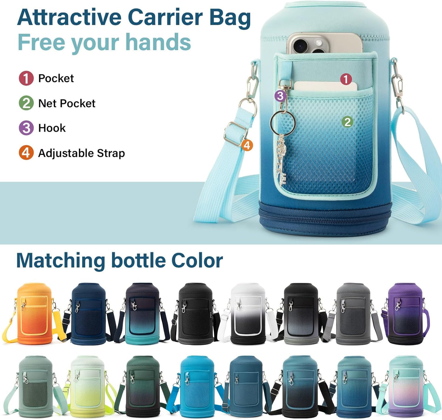 1 Gallon Water Bottle Insulated | Thickened Stainless Steel Vacuum Metal Water Jug | Portable Sports Large for Gym and Hiking with Straw, Carrier Bag, Handle Strap | BPA-Free 128 oz