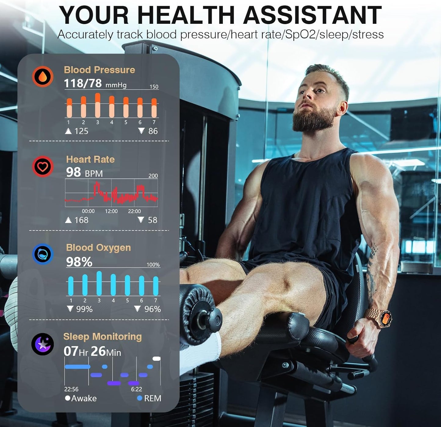 2025 DA GPT Smart Watch, Deep Search, Heart Rate, Blood Pressure, Blood Oxygen, Sleep Monitor, 107 Sports Modes, Waterproof Round Watch, 1.19-inch AMOLED Display, Compatible Android and iOS Gold Metal