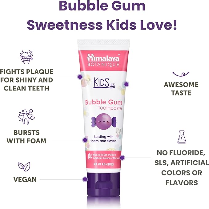 Himalaya Botanique Kids Toothpaste, Herbal, Bubble Gum Flavor, Fluoride-Free, Gentle, No Artificial Flavors or Colors, SLS Free, Gluten Free, Cruelty Free, Vegan, Foaming, 4 Oz, 4 Pack