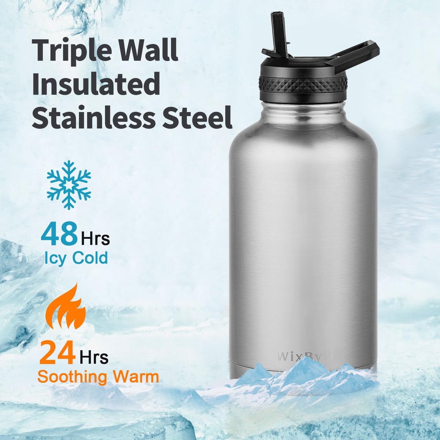 64 oz Insulated Water Bottle with Straw (Cold for 48 Hrs), Half Gallon Stainless Steel Triple Wall Vacuum Sports Water Jug, Leakproof Hydro Cup Flask with Straw Spout Lids & DIY Stickers