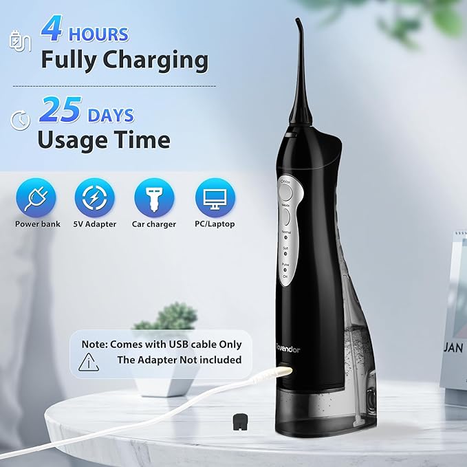 TOVENDOR Electric Water Flosser, Rechargeable Dental Oral Irrigator - 3 Modes, 5 Tips for Teeth, Gums, Braces, Dental Care, Family Oral Health (300ML, IPX7Waterproof Waterflosser)