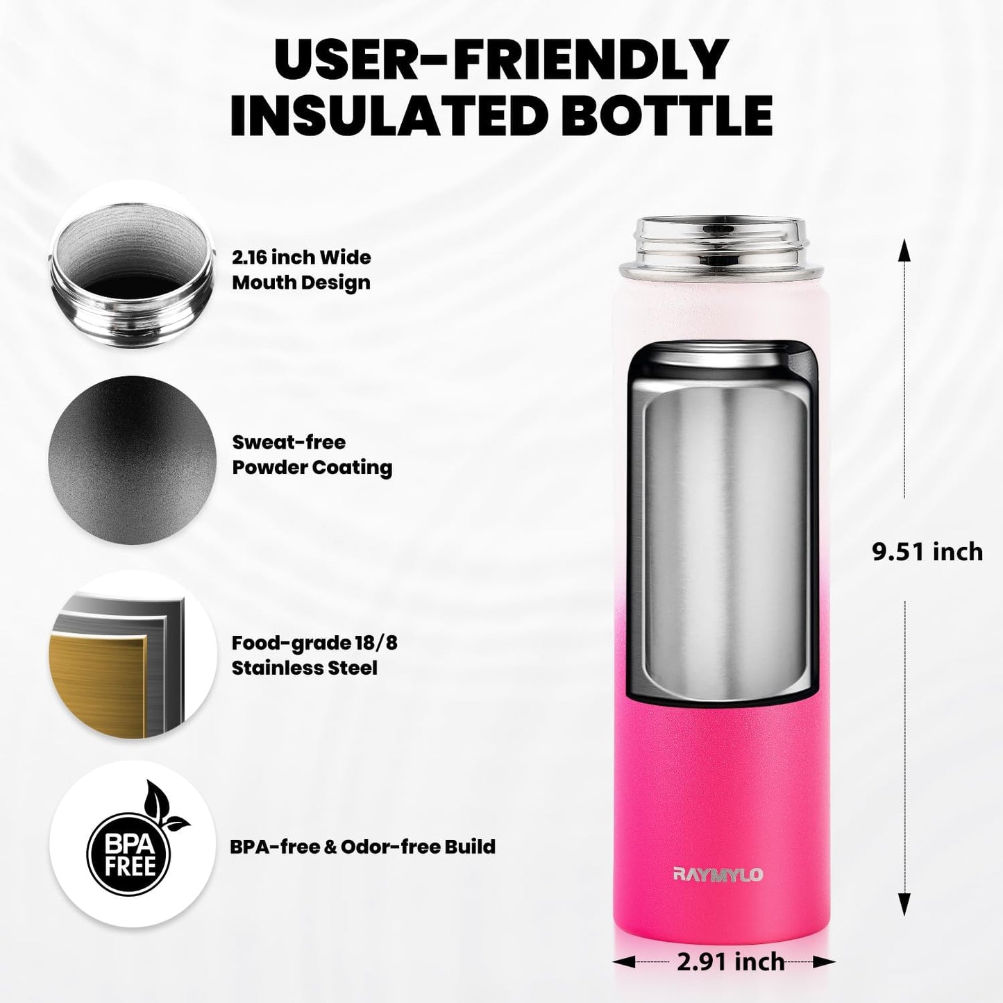 Insulated Water Bottle 20 oz, Triple Wall Vacuum Stainless Steel (Cold for 48 Hrs), Leak Proof & Non-BPA, Kids Water Bottle Jug for School with Straw Spout Lids, Ombre Pink