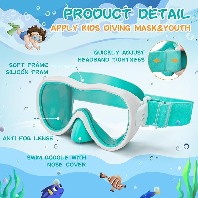 Kids Swim Goggles 180° Snorkel Diving Mask with Nose Cover, Anti-Fog Kids Swimming Goggles with Elastic Fabric Strap for Kids Boys Girls