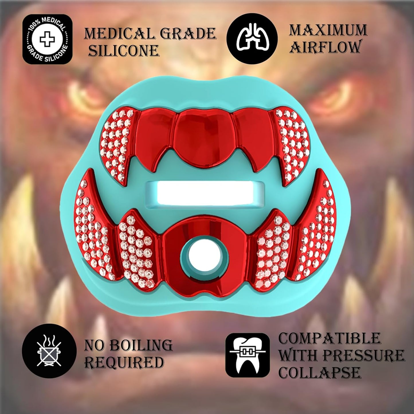 LeCool Football Mouth Guard with Connected Strap- 3D Beast Chrome Adult and Youth Mouth Guard-Mouth Piece for Sports for Maximum Air Flow and Teeth Protection