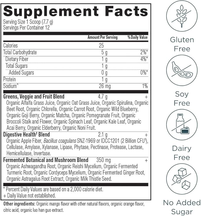 Ancient Nutrition SuperGreens Powder with Probiotics, Organic Mango Flavor Greens, Made from Real Fruits, Vegetables and Herbs, Digestive and Energy Support, 12 Servings, 3.3oz