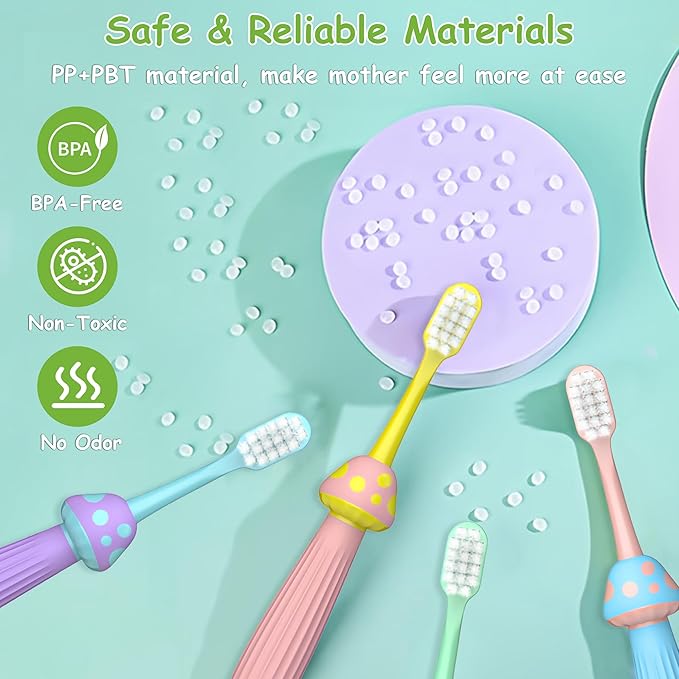 Kids Toothbrushes 4 Pack, Extra Soft Toddler Toothbrush 1-12 Years, Cute Mushroom Baby Toothbrush Multicolor Infant Training Tooth Brush Complete Tooth and Gum Care, Easy to Grip