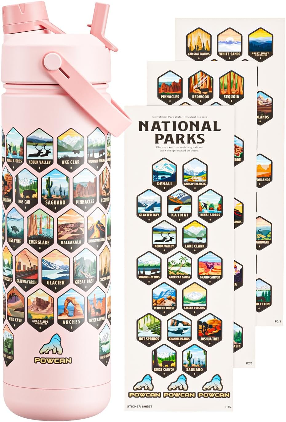 26 oz National Parks Water Bottle with Waterproof Stickers: 2-in-1 Straw Spout Lid, Keep Cold 24H, Leakproof, Car CupHolder Friendly, Insulated Stainless Steel Cup for Travel, Sports, School (Pink)