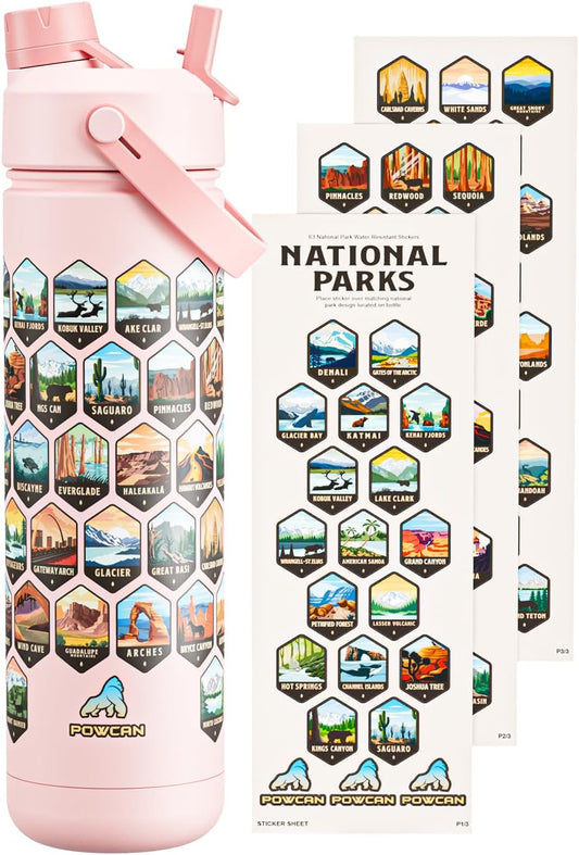 26 oz National Parks Water Bottle with Waterproof Stickers: 2-in-1 Straw Spout Lid, Keep Cold 24H, Leakproof, Car CupHolder Friendly, Insulated Stainless Steel Cup for Travel, Sports, School (Pink)