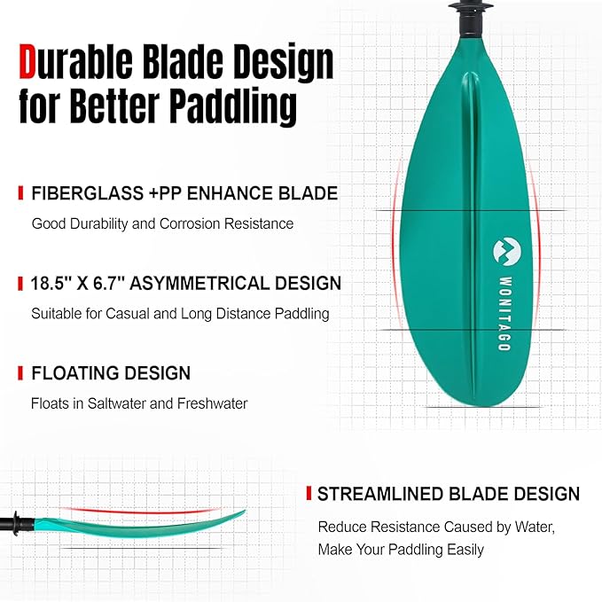 Kayak Paddle with Aluminum Shaft and Reinforced PP Blade, Floating Kayak Oar for Kayaking Canoeing and Boating, 220 cm/86 inches - 230 cm/90 inches