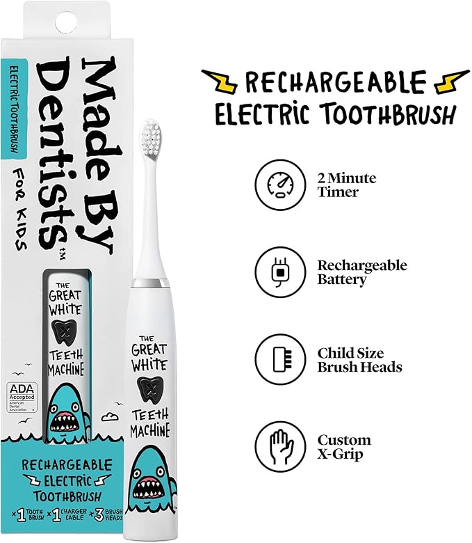 Made by Dentists Kids Electric Toothbrush - Rechargeable Vibrating Toothbrush with Timer, Includes 6 Replacement Heads, Halloween Gifts for Kids, Girls and Boys, Kid & Toddlers Age 2+, Shark