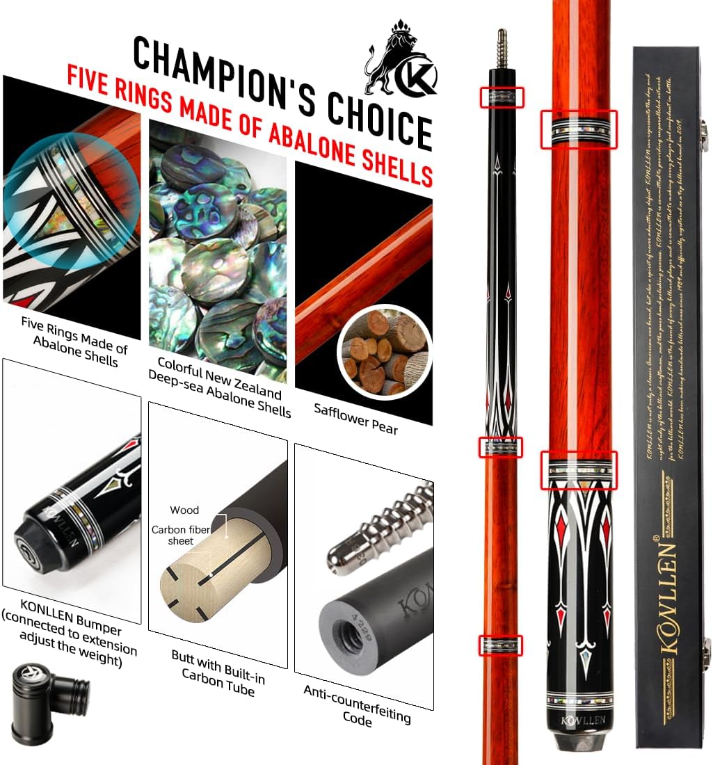KONLLEN Carbon Fiber Pool Cue Stick Low Deflection Hand-Made Inlay Billiard Cue Ultra-Smooth Professional Feeling Billiard Pool Cue Sticks for Adults