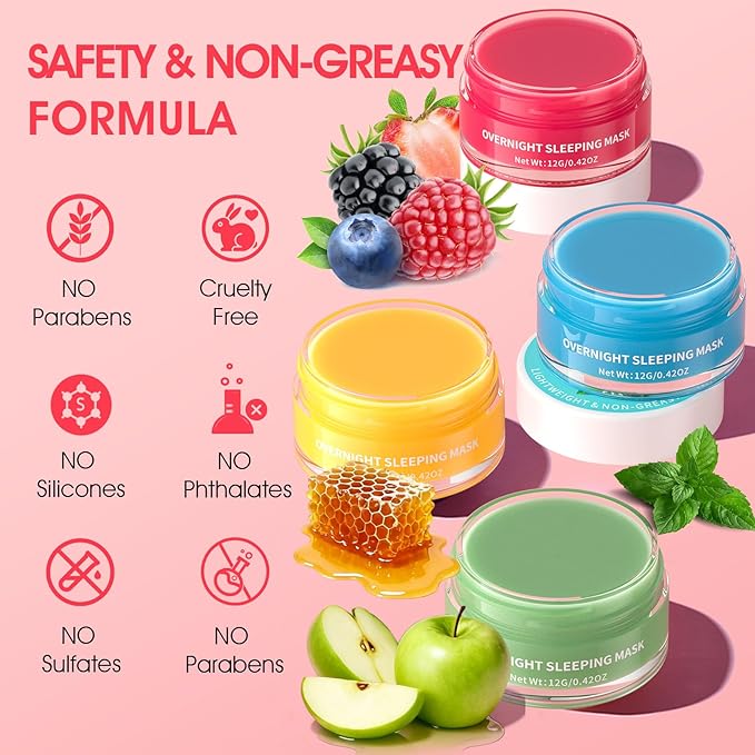 Lip Mask Set, 4PCS Lip Sleeping Mask Overnight Treatment Lip Care, Moisturize & Nourish, Cracked Dry Lips, Daily Lip Care,12g*4