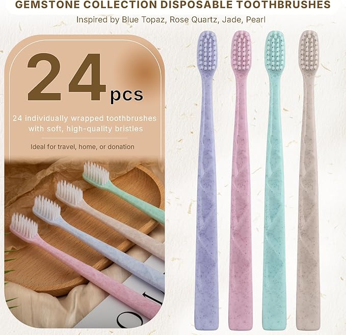 24 Pack Premium Disposable Toothbrush with Tongue Scraper – Individually Wrapped Bulk Travel Toothbrushes, Soft Bristles for Guests, Hotel, Vacation Rental, Home & On The Go,4 Colors